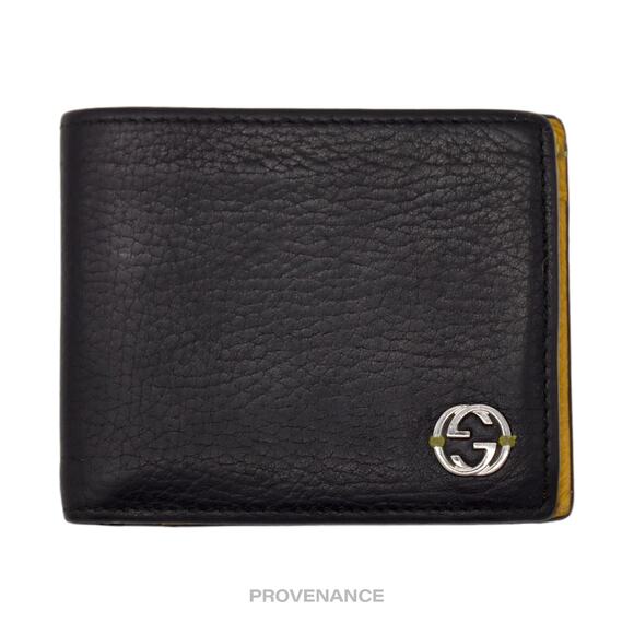 🔴 Gucci GG Logo Bifold Wallet - Black/Yellow Leather - Picture 1 of 9